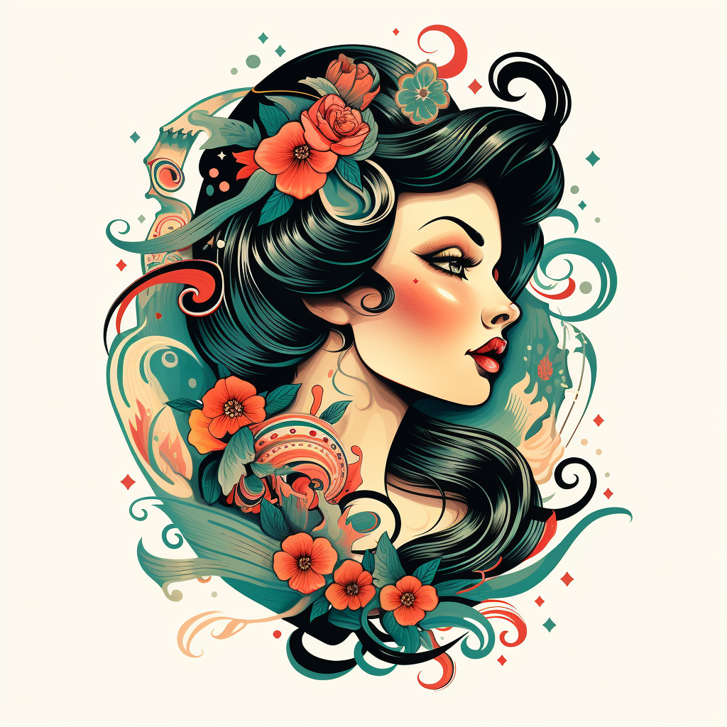 Neo traditional woman with flowers tattoo design