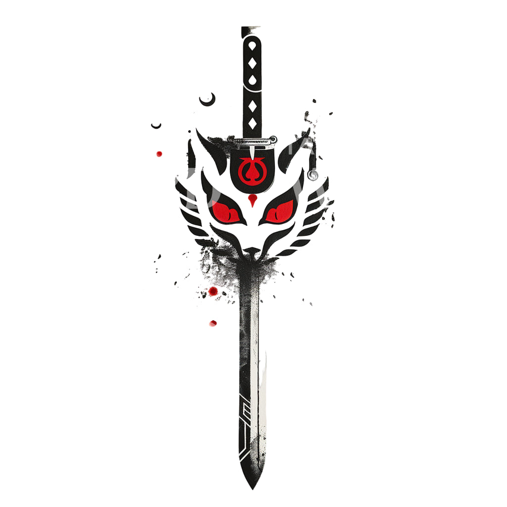 Japanese Samurai Sabre and Wolf Tattoo Design