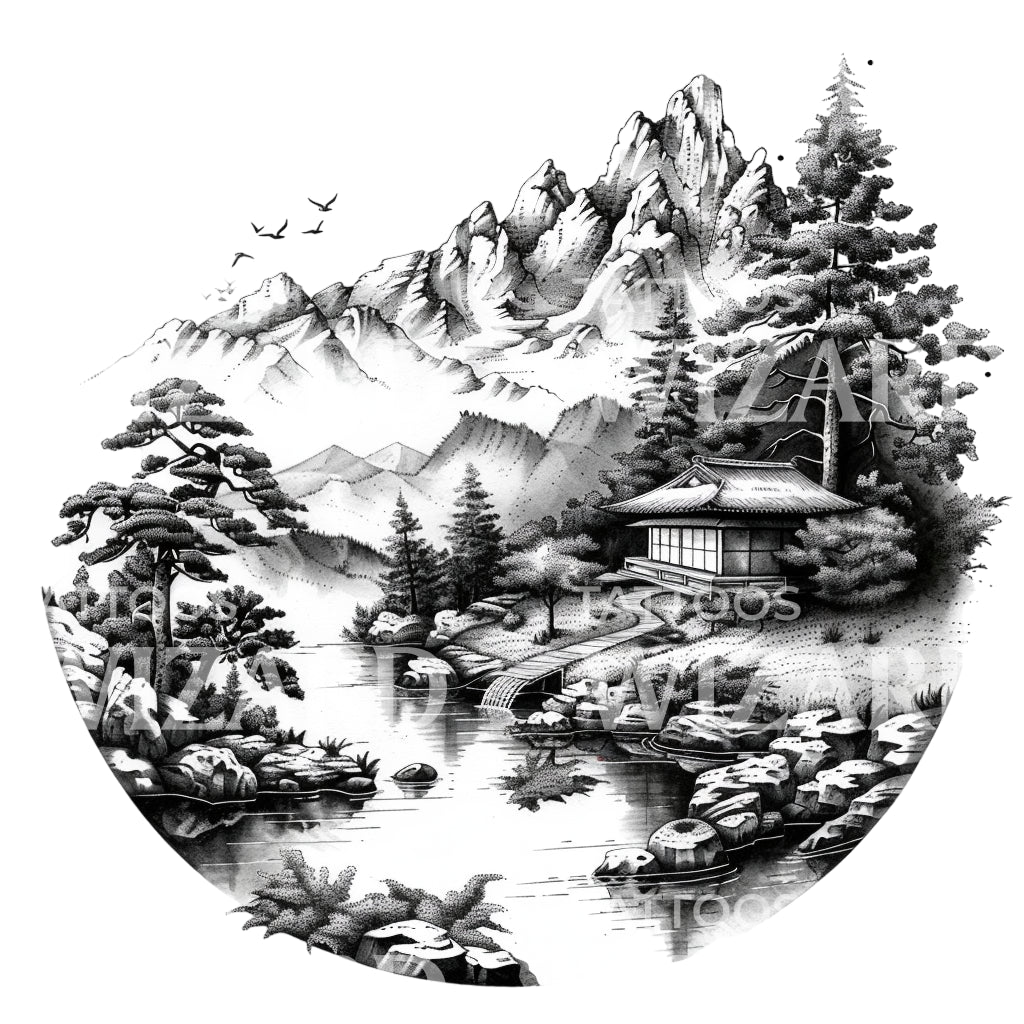 Dotwork Japanese Countryside Landscape Tattoo Design