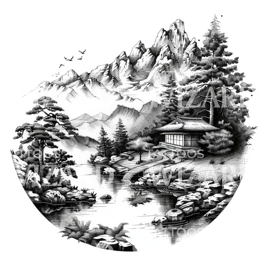 Dotwork Japanese Countryside Landscape Tattoo Design