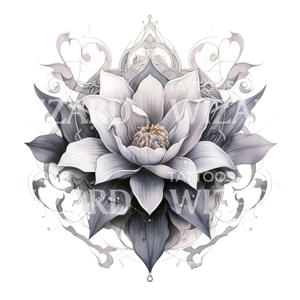Precious Grey Lotus Flower Tattoo Design