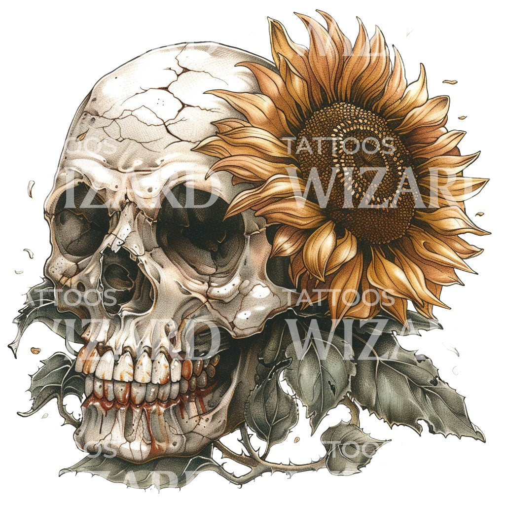 Skull and Sunflower Tattoo Design