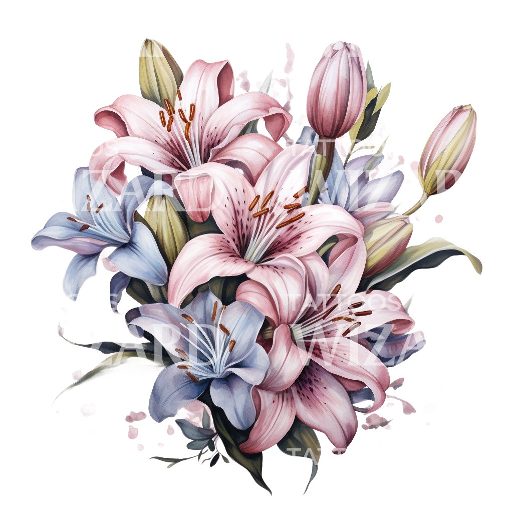 pink lily flower tattoo Watercolor Lilies Bouquet Flowers Tattoo Design – Tattoos Wizard Designs