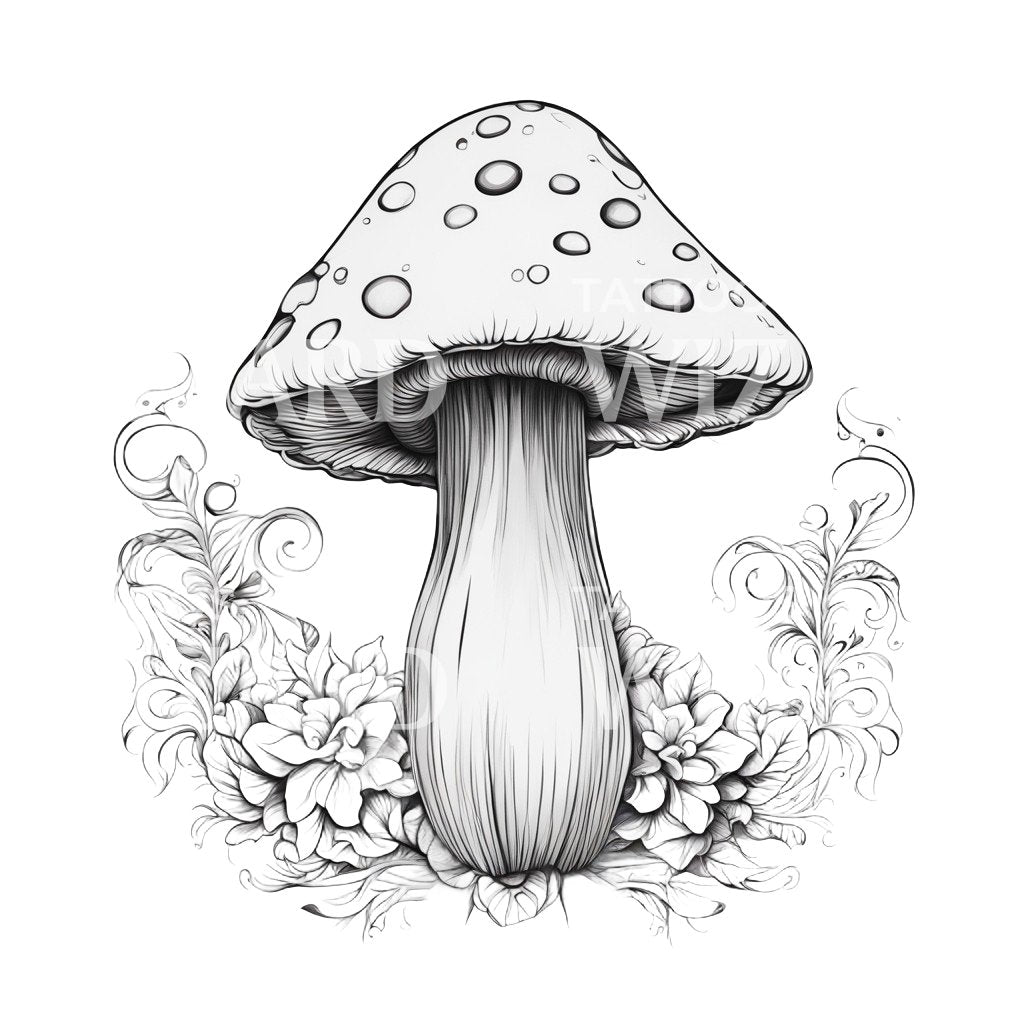 big Mushroom with Floral Patterns Tattoo Design