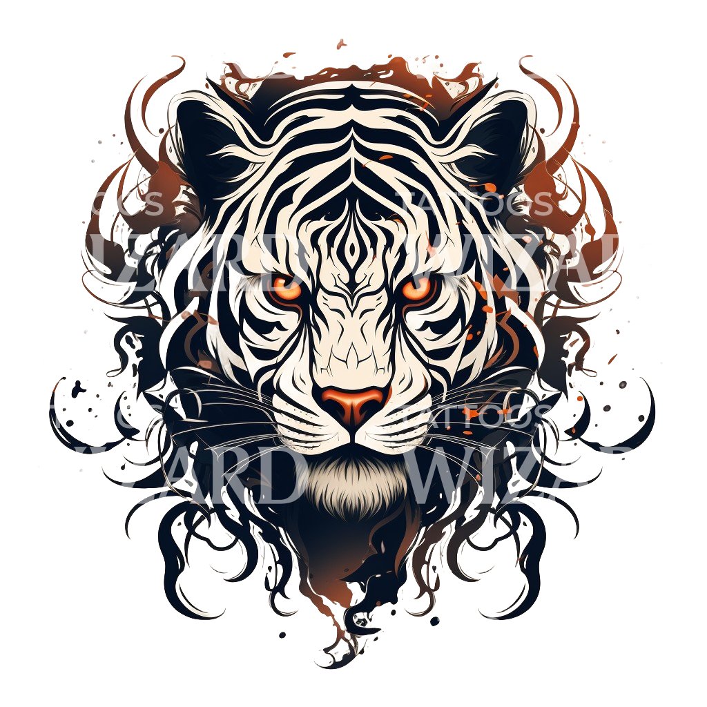 Scary Tiger Head in Flames Tattoo Design