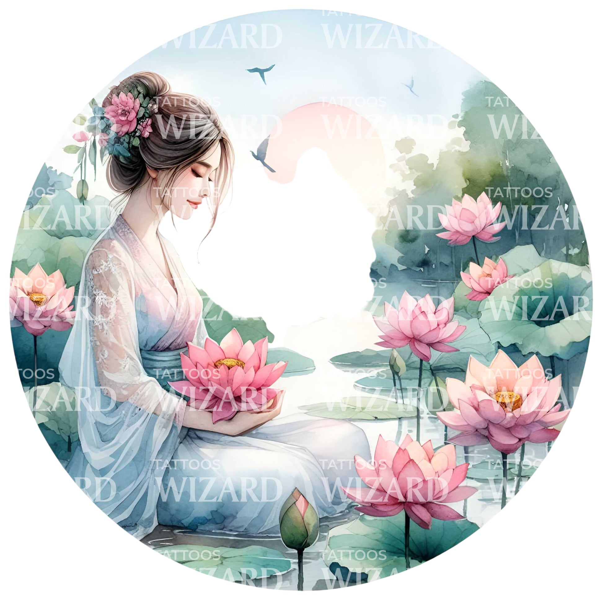 Japanese Beauty With Lotus Tattoo Design
