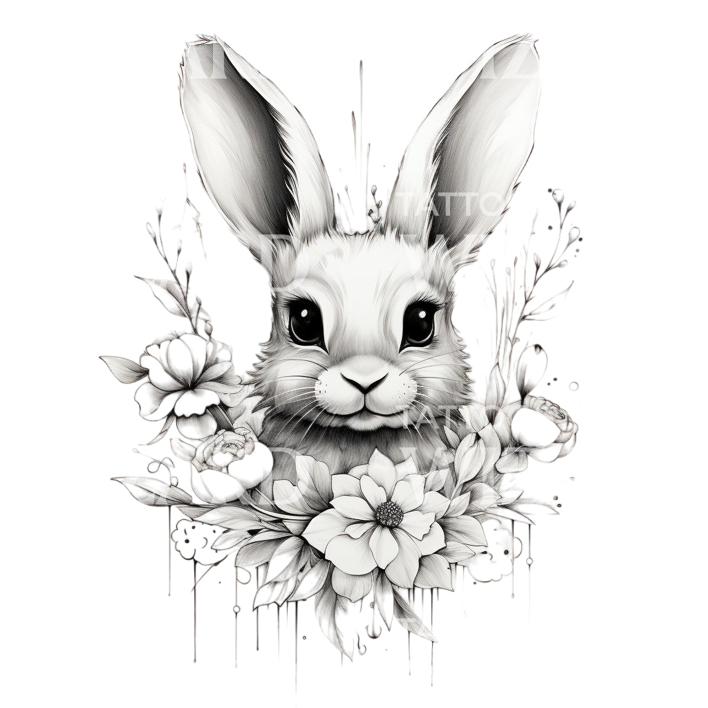 Rabbit and Flowers Tattoo Design