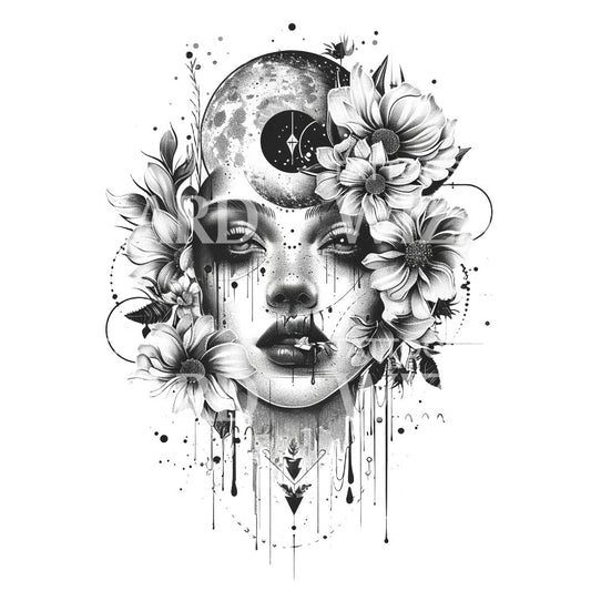 Moon Cycle Woman's Portrait Tattoo Design