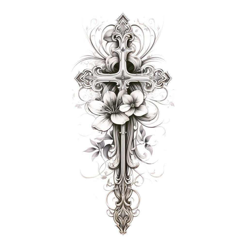 Delicate Cross with Flowers Tattoo Design