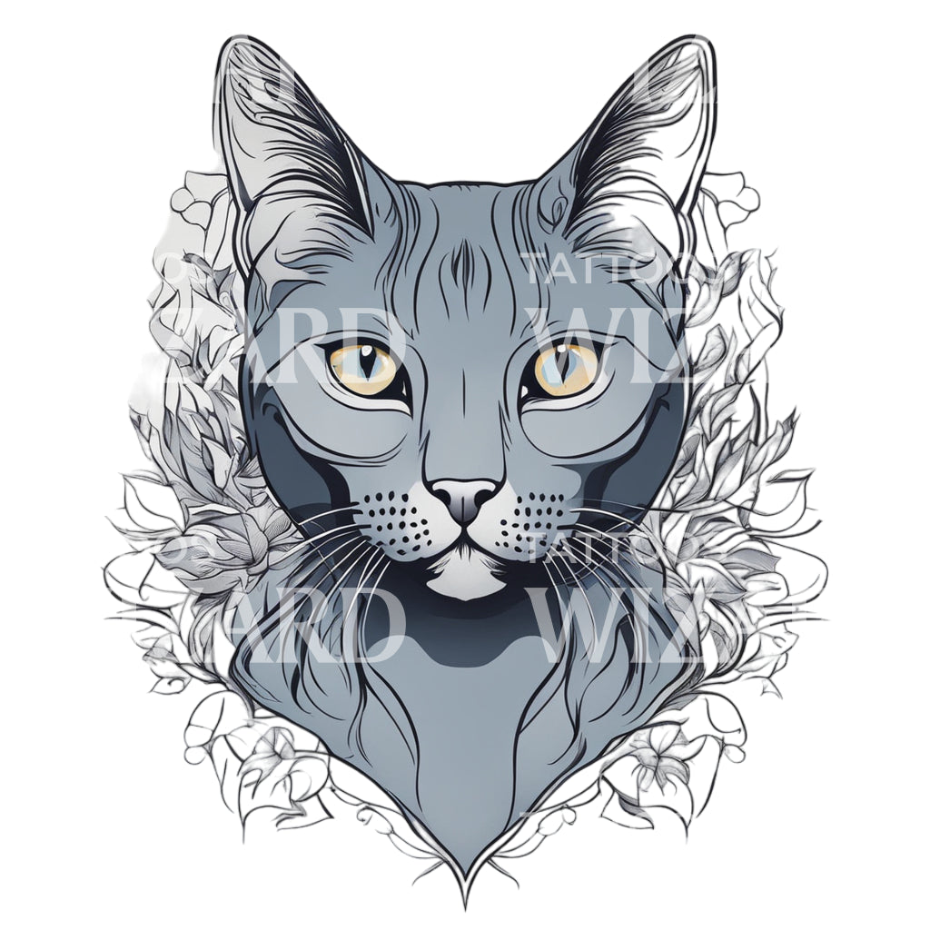 Russian Blue Cat Head with Floral Patterns Tattoo Design