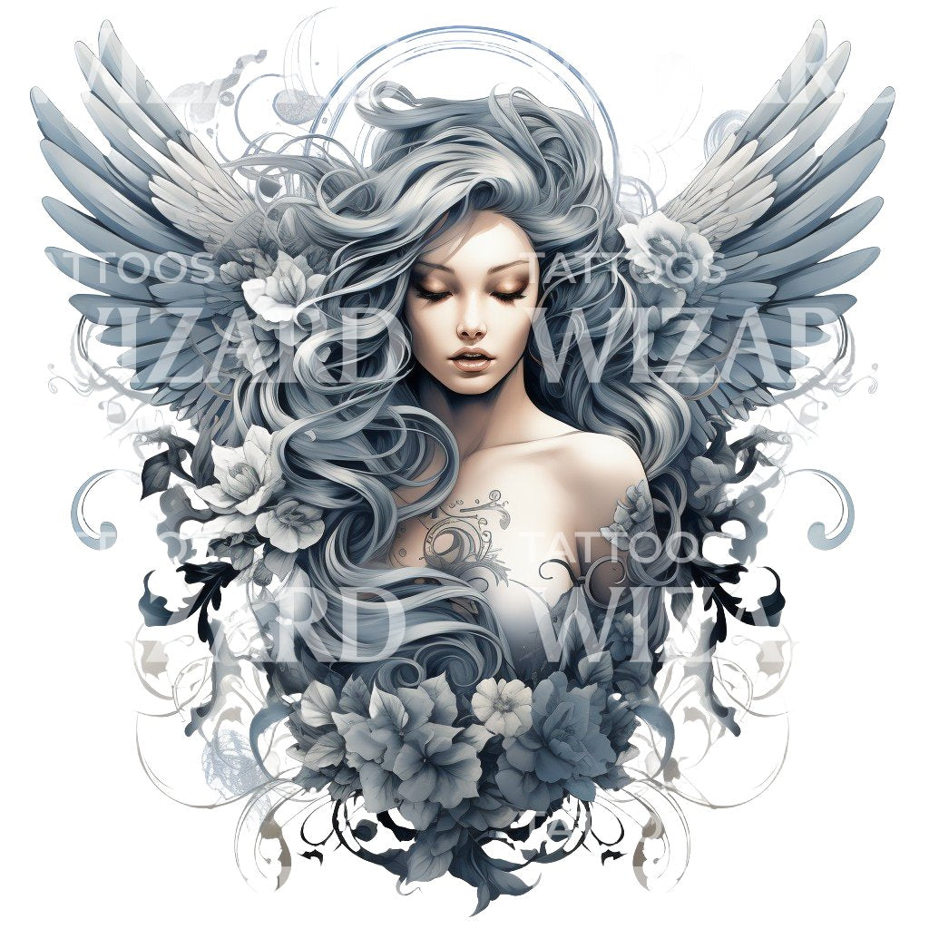 Delicate Angel Woman Portrait Tattoo Design