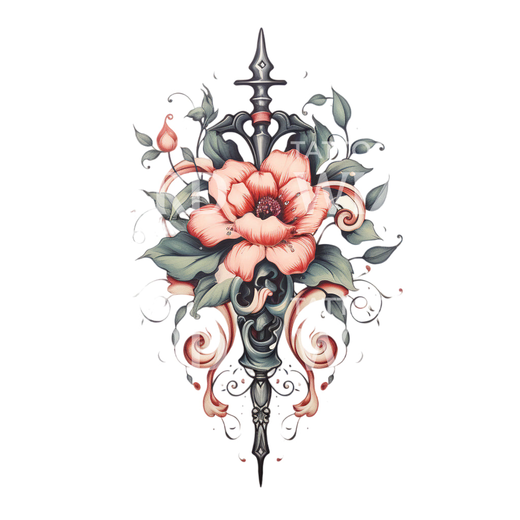 Flower and Dagger Old School Tattoo Design