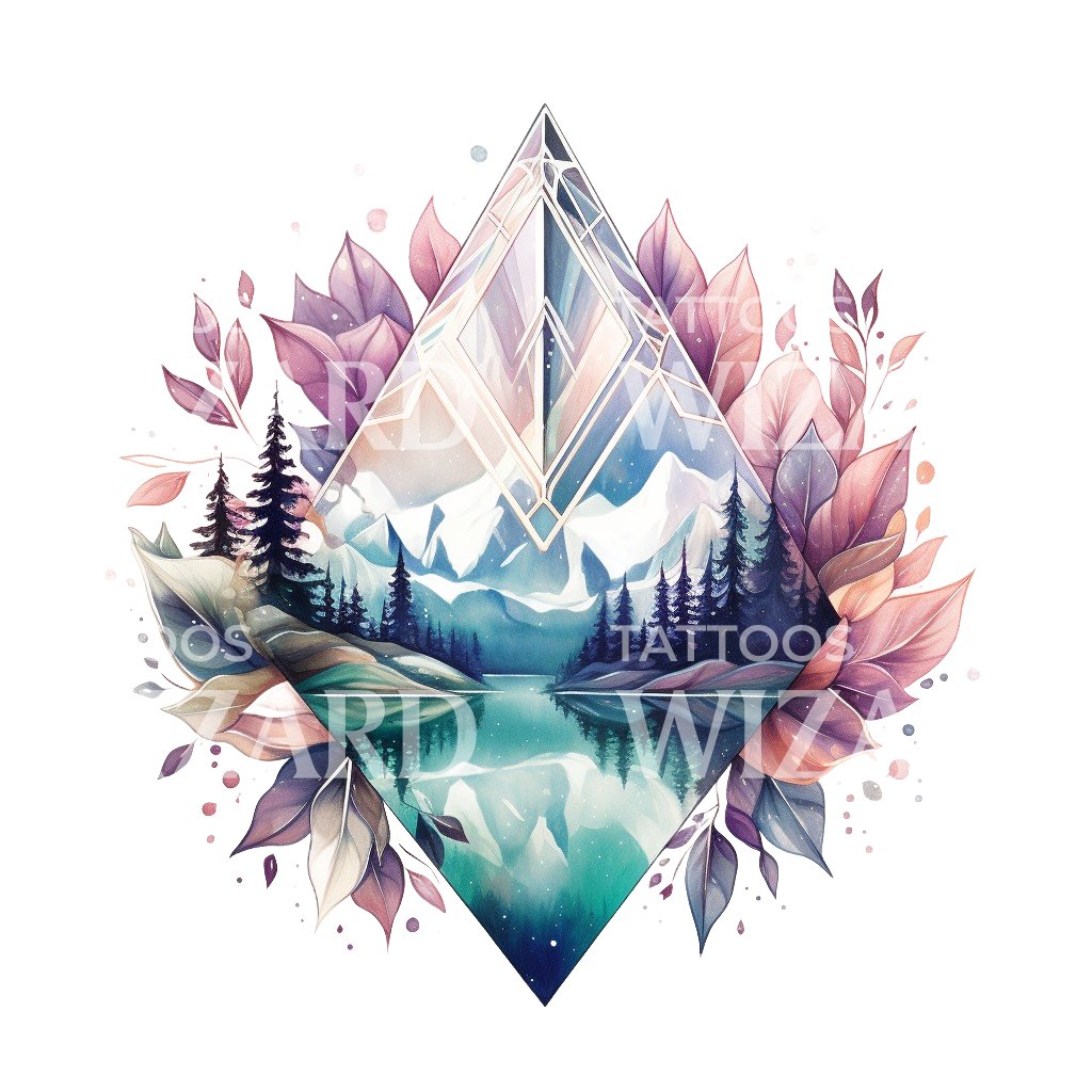 Diamond Shaped Mountains and Flowers Tattoo Design
