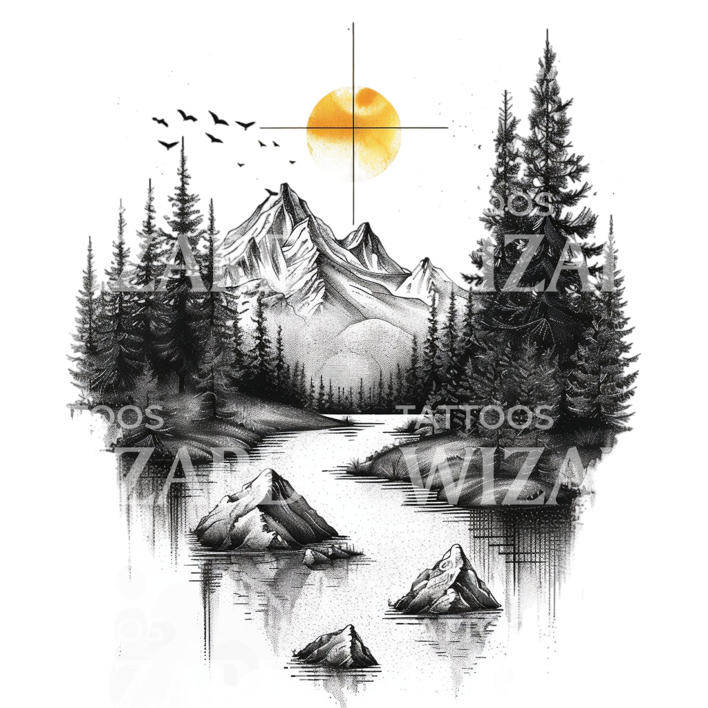 Lake Mountain with Yellow Sun Tattoo Design