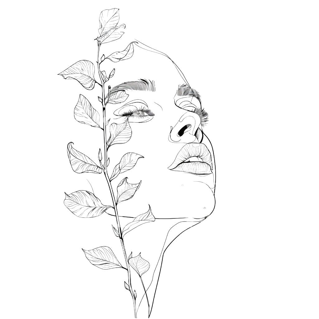 Single Line Woman Portrait and Plant Tattoo Design