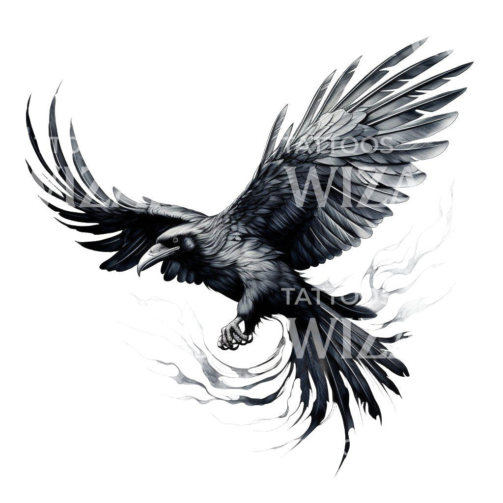 Blackwork Flying Crow Tattoo Design