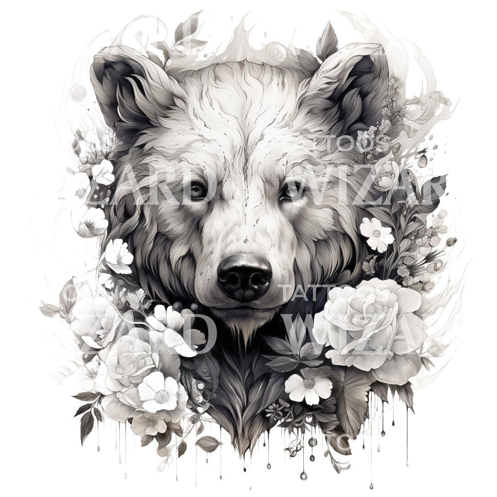 Black and Grey Bear Portrait Tattoo Design