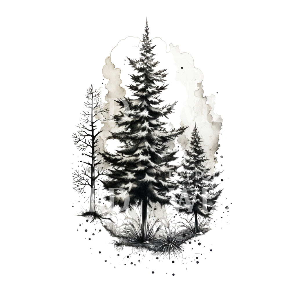 Dotwork Pine Trees Tattoo Design