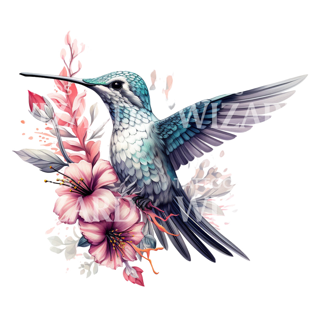 Hummingbird with flowers tattoo design