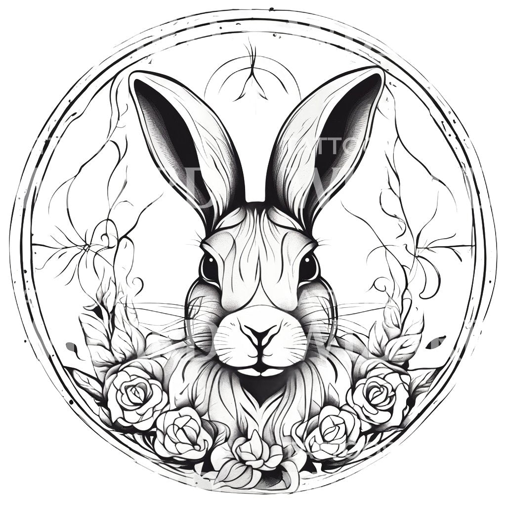 Rabbit Floral Circle Tattoo Design