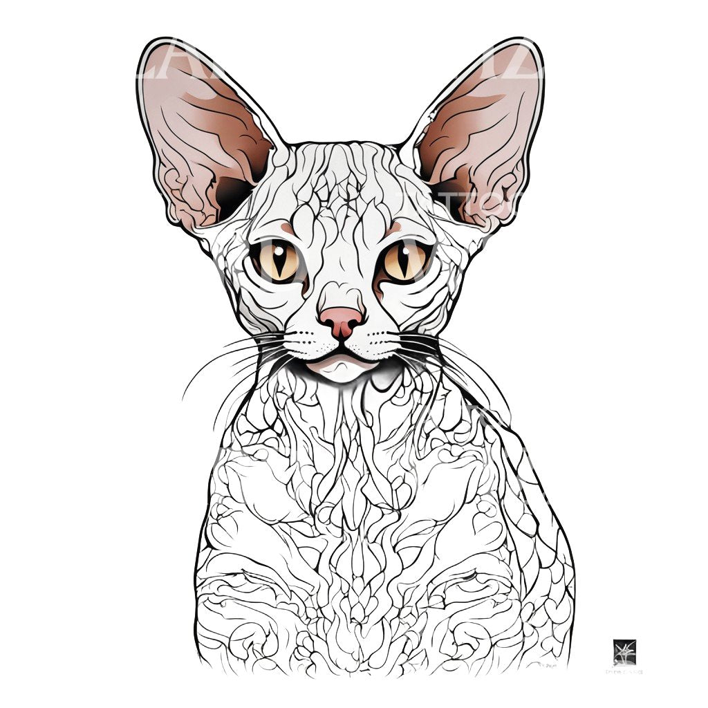 Devon Rex Cat Head with Patterns Tattoo Design