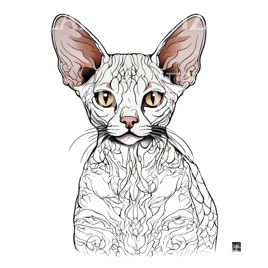 Devon Rex Cat Head with Patterns Tattoo Design