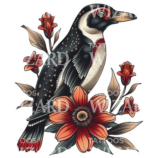 Oldschool Penguin with Flowers Tattoo Design