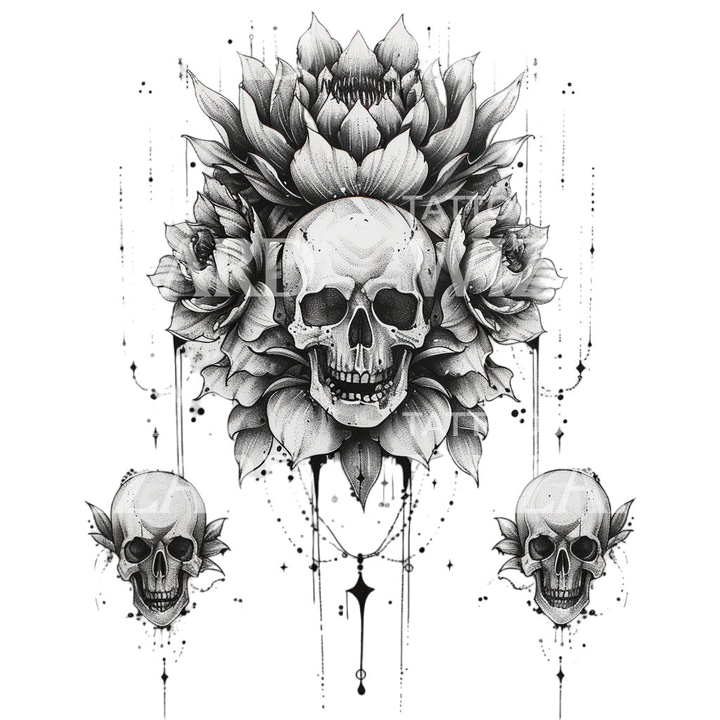 Three Skulls Black & Grey Tattoo Design