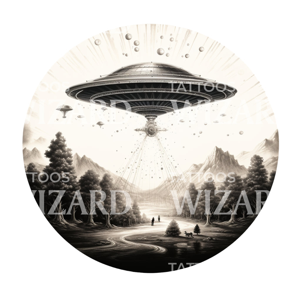 Flying Saucer Round Dotwork Tattoo Design