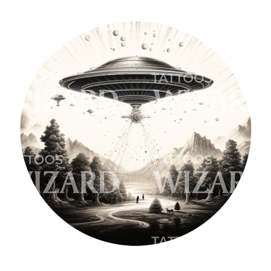 Flying Saucer Round Dotwork Tattoo Design