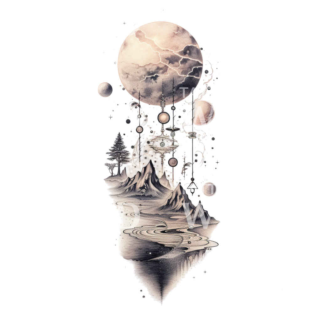 Planets and Mountain Landscape Dotwork Tattoo Design