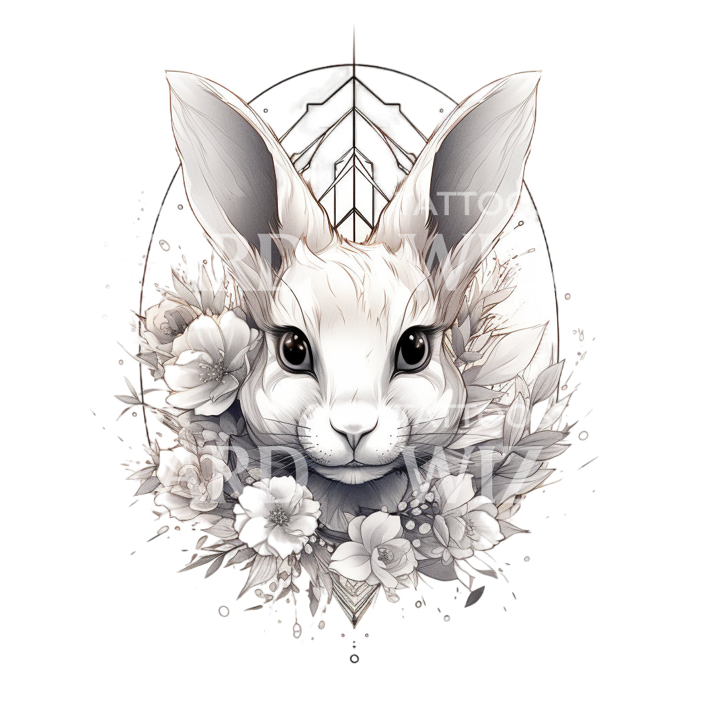 Rabbit and Flowers Tattoo Design