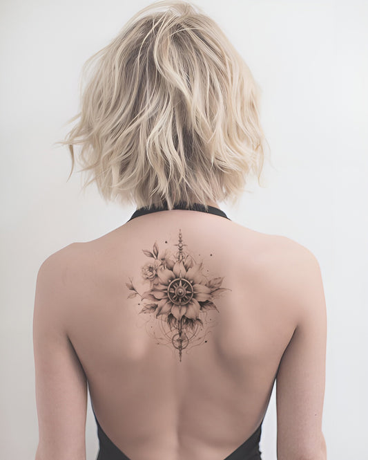 Bellissimo design di tatuaggio a bussola in bianco e nero