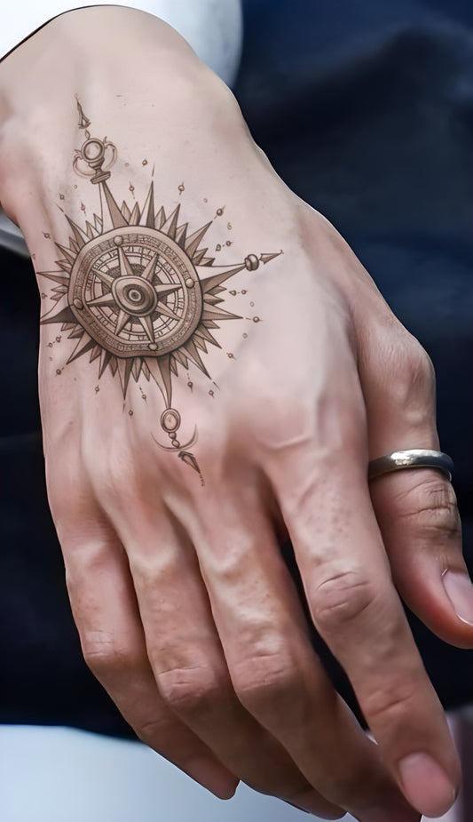 Design del tatuaggio a manica con bussola nera e grigia e fiori
