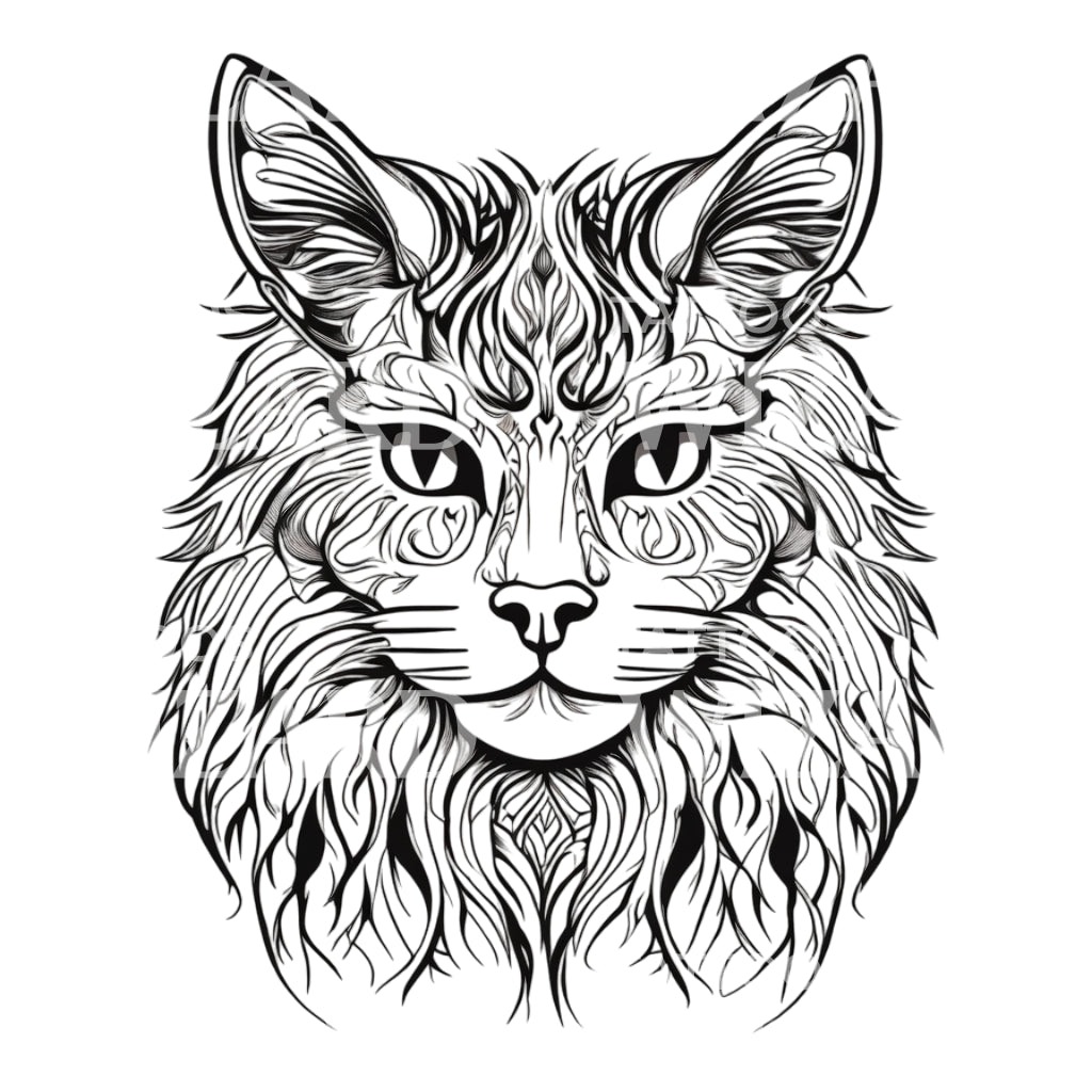 Norwegian Forest Cat Head with Patterns Tattoo Design