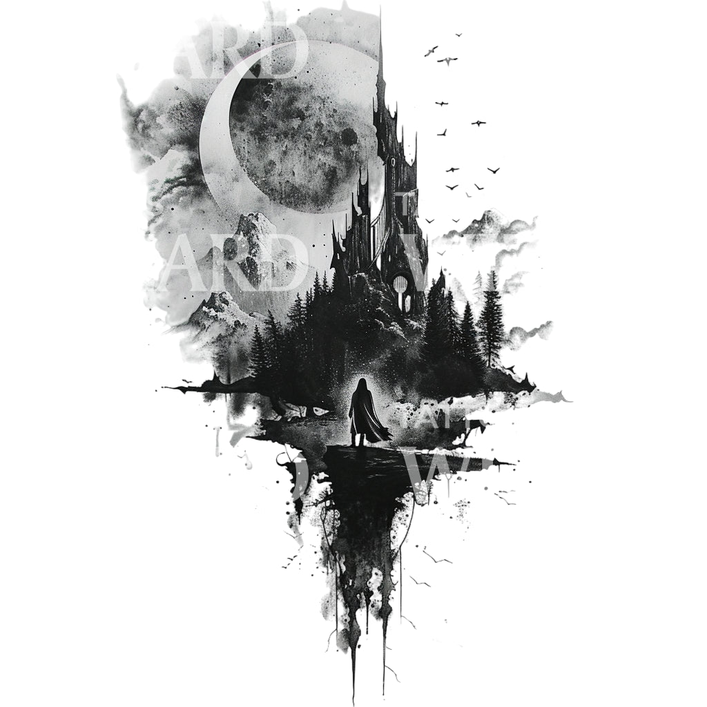 Mordor LOTR Landscape Tattoo Design