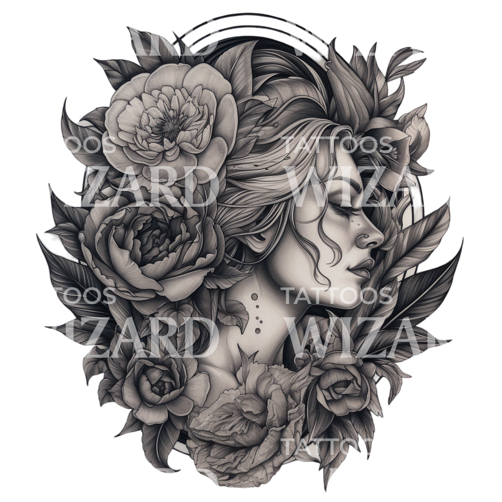 Black and Grey Realism Woman With Flowers