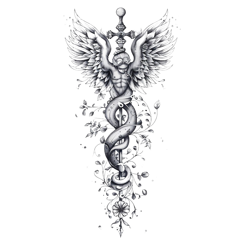 Angelic Caduceus Floral Tattoo Design