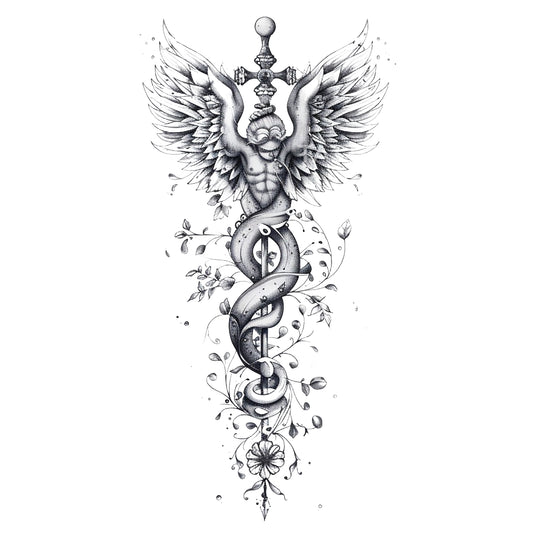 Angelic Caduceus Floral Tattoo Design