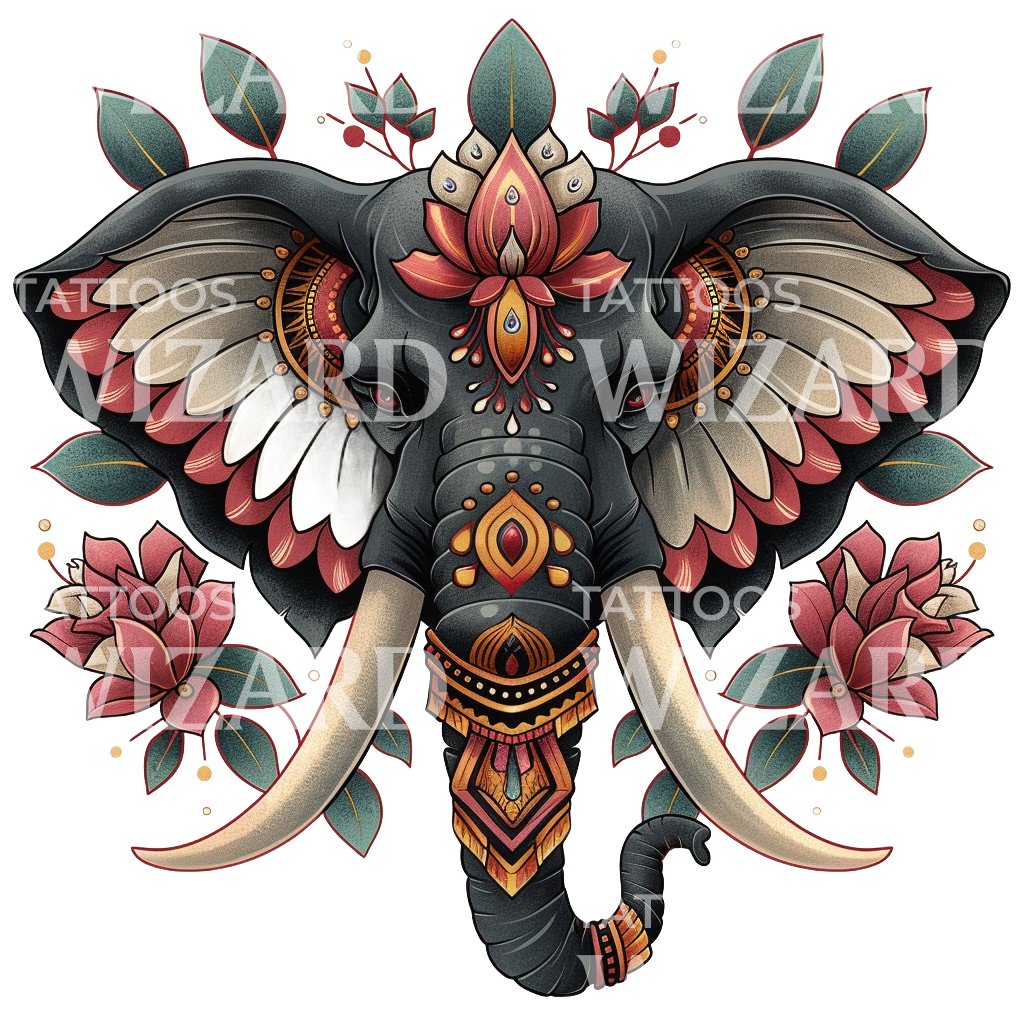 Mystical Indian Elephant Head Tattoo Design