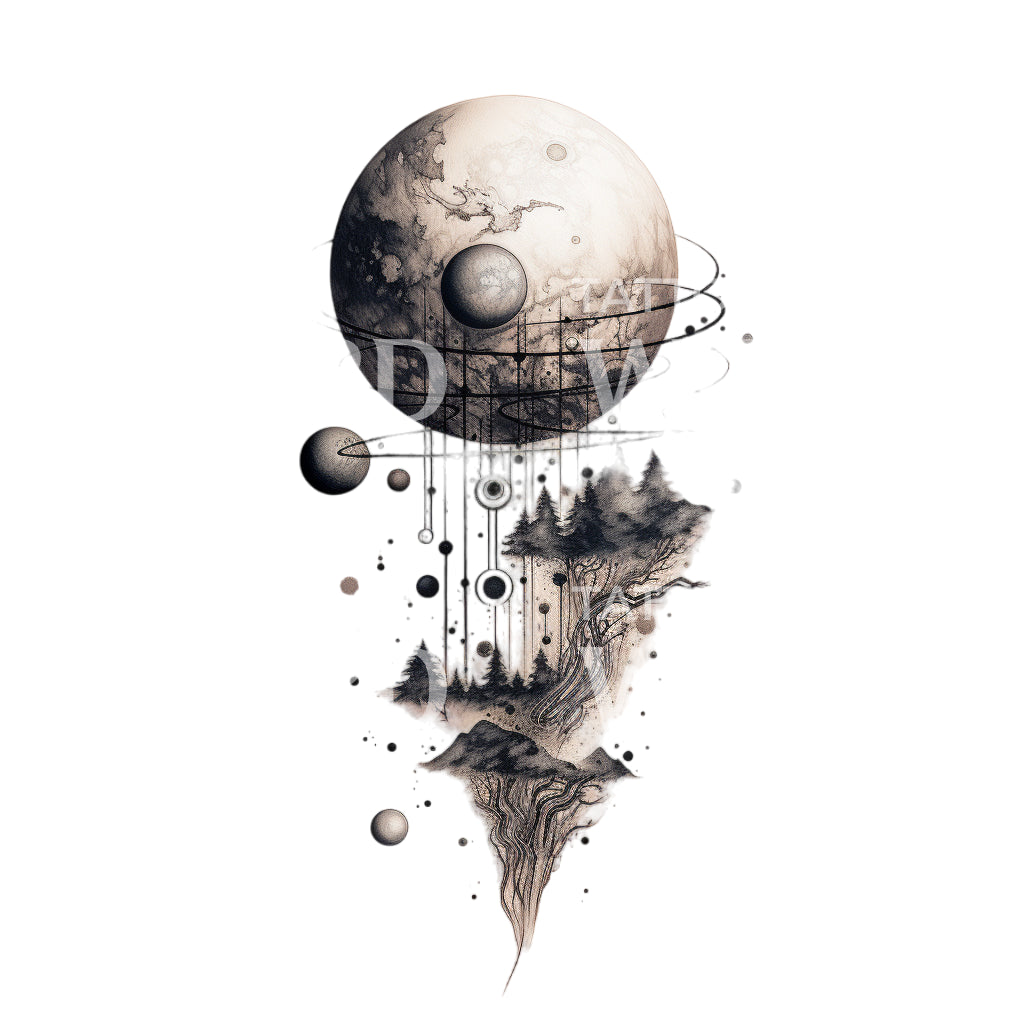 Planet and Landscape Dotwork Tattoo Design