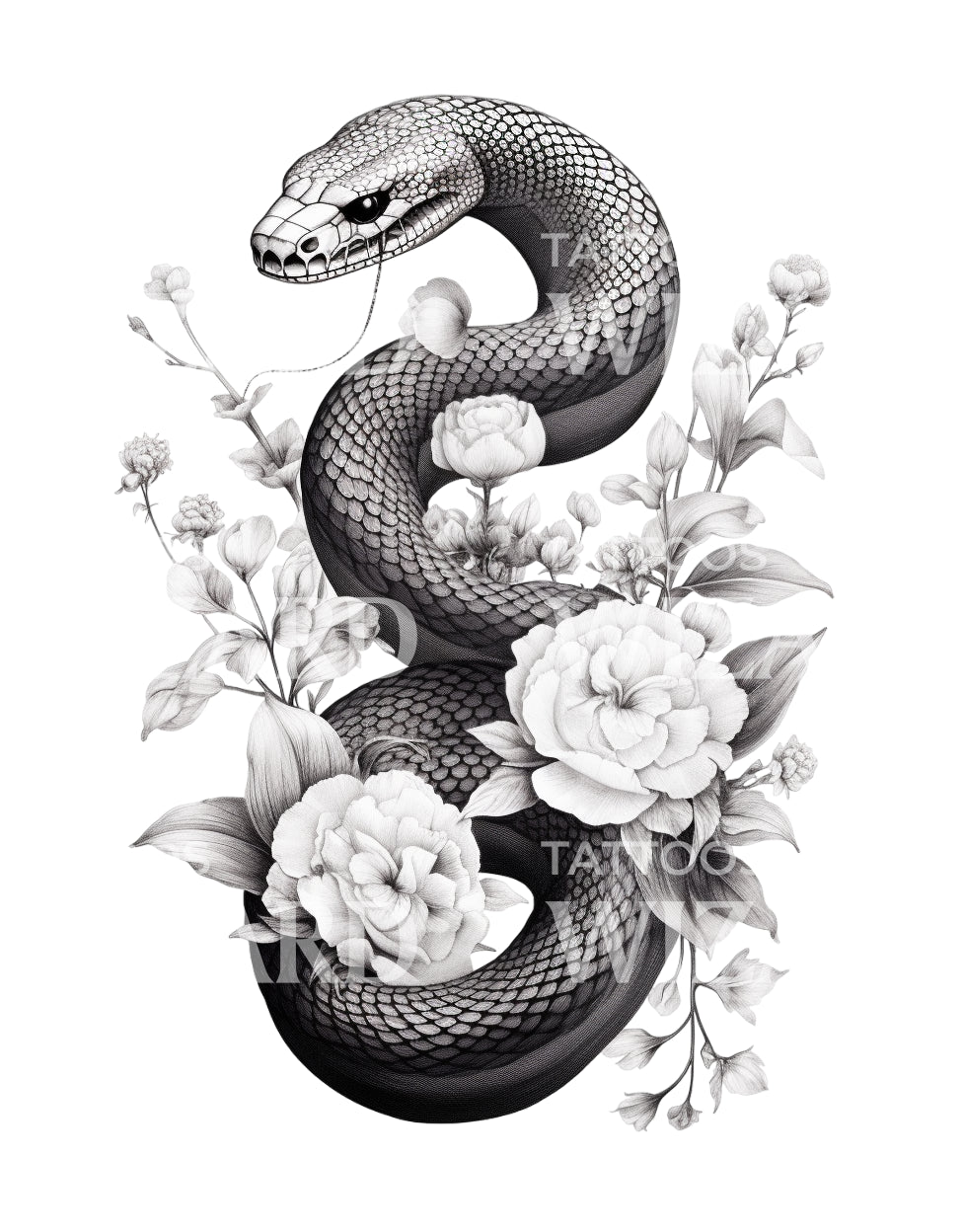 Snake with Peonies Tattoo Design