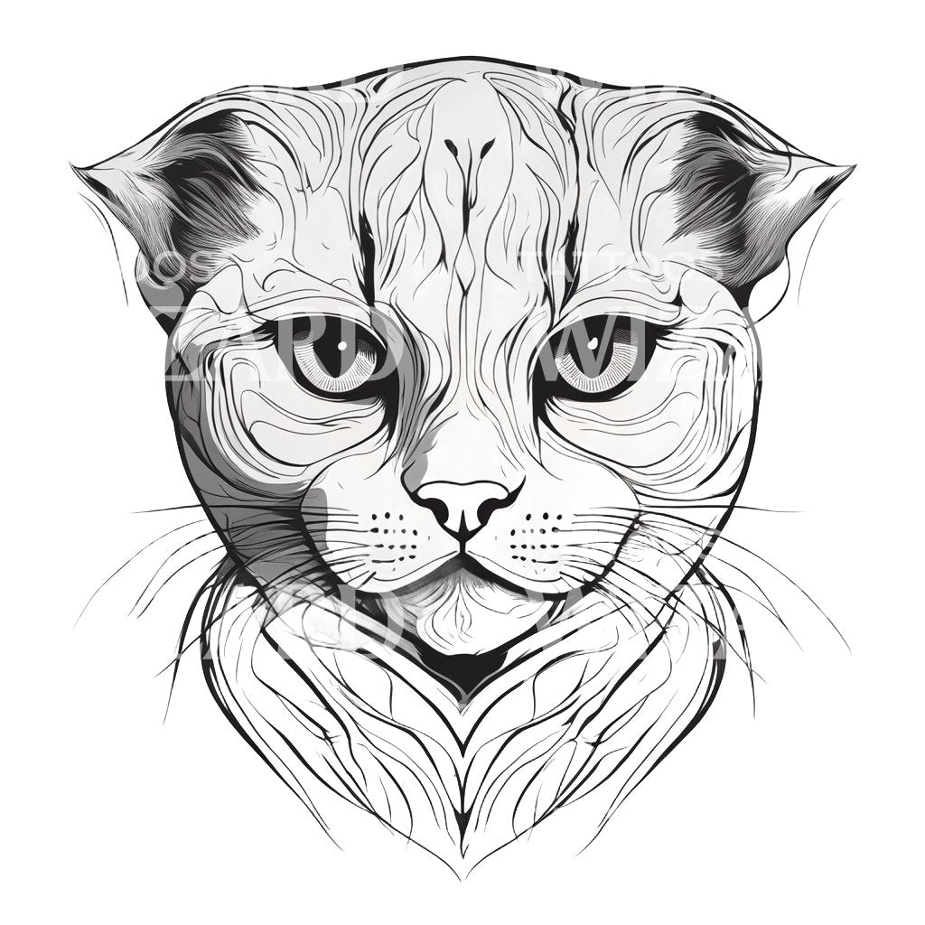 Scottish Fold Cat Head with Patterns Tattoo Design