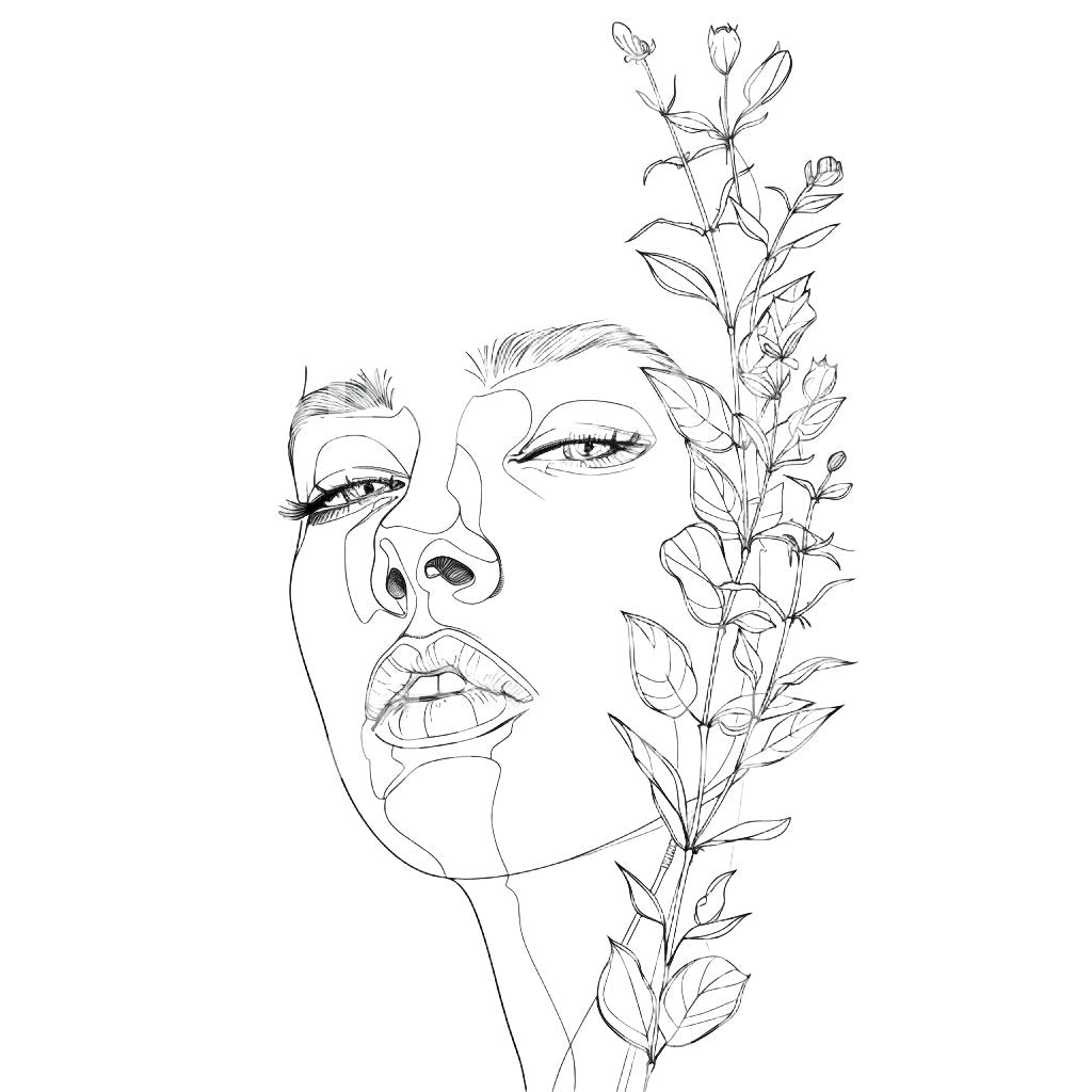 Single Line Woman Portrait and Plant Tattoo Design