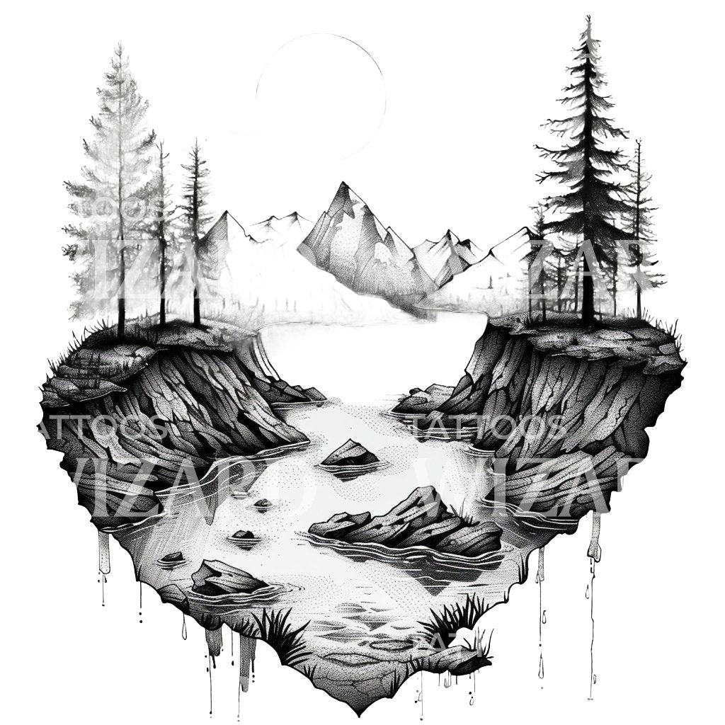 Dotwork River Landscape Tattoo Design