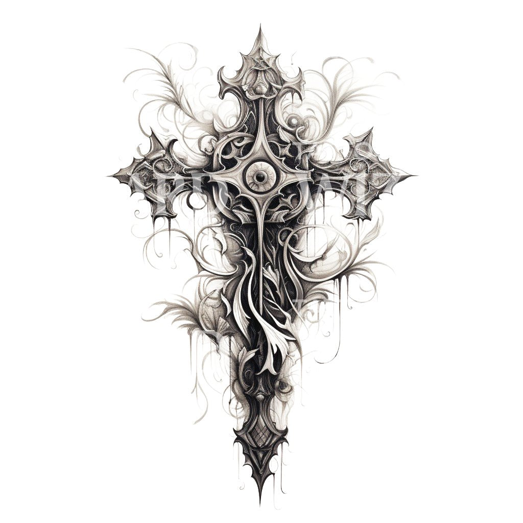 Fantasy Cross Black and Grey Tattoo Design