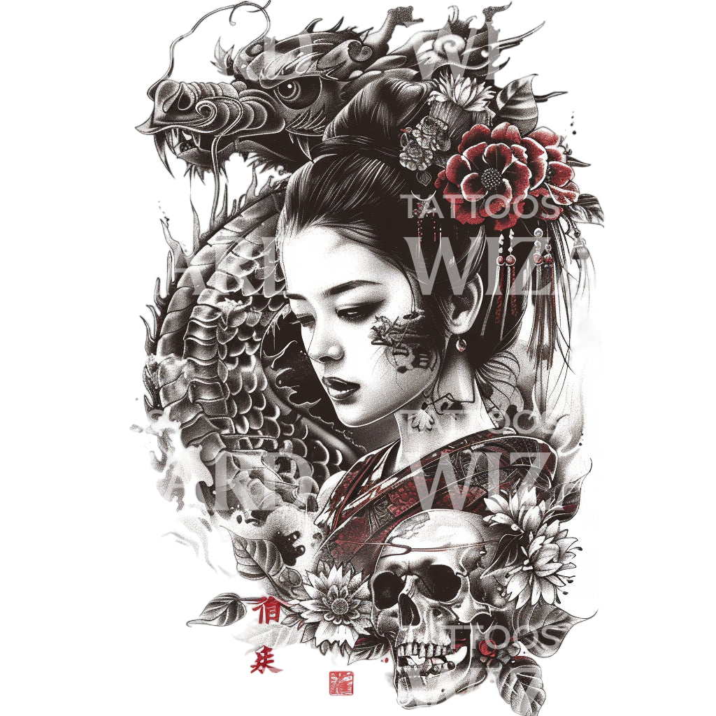 Japanese Geisha Dragon and Skull Tattoo Design