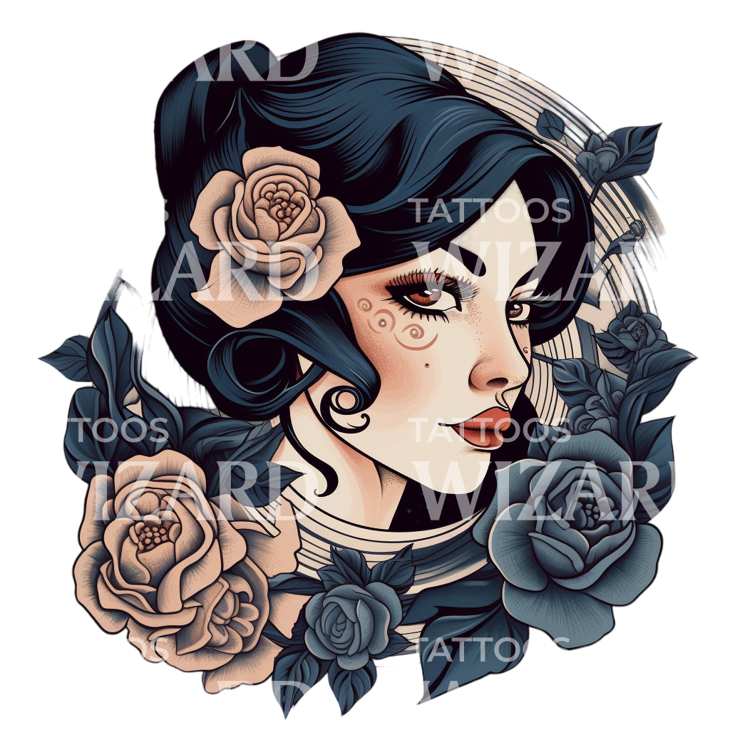 Neo Traditional Woman Face Tattoo with Roses