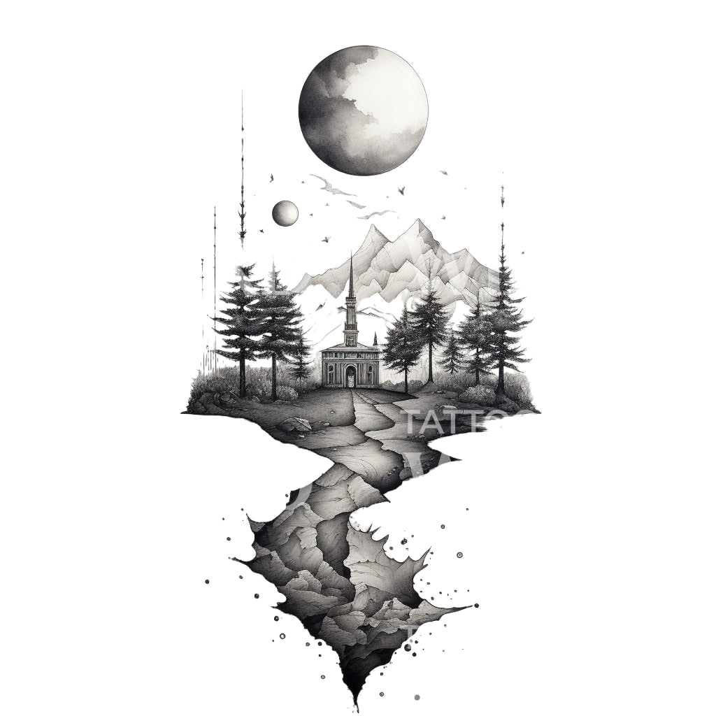 Dotwork Mountain Church Moon Tattoo Design