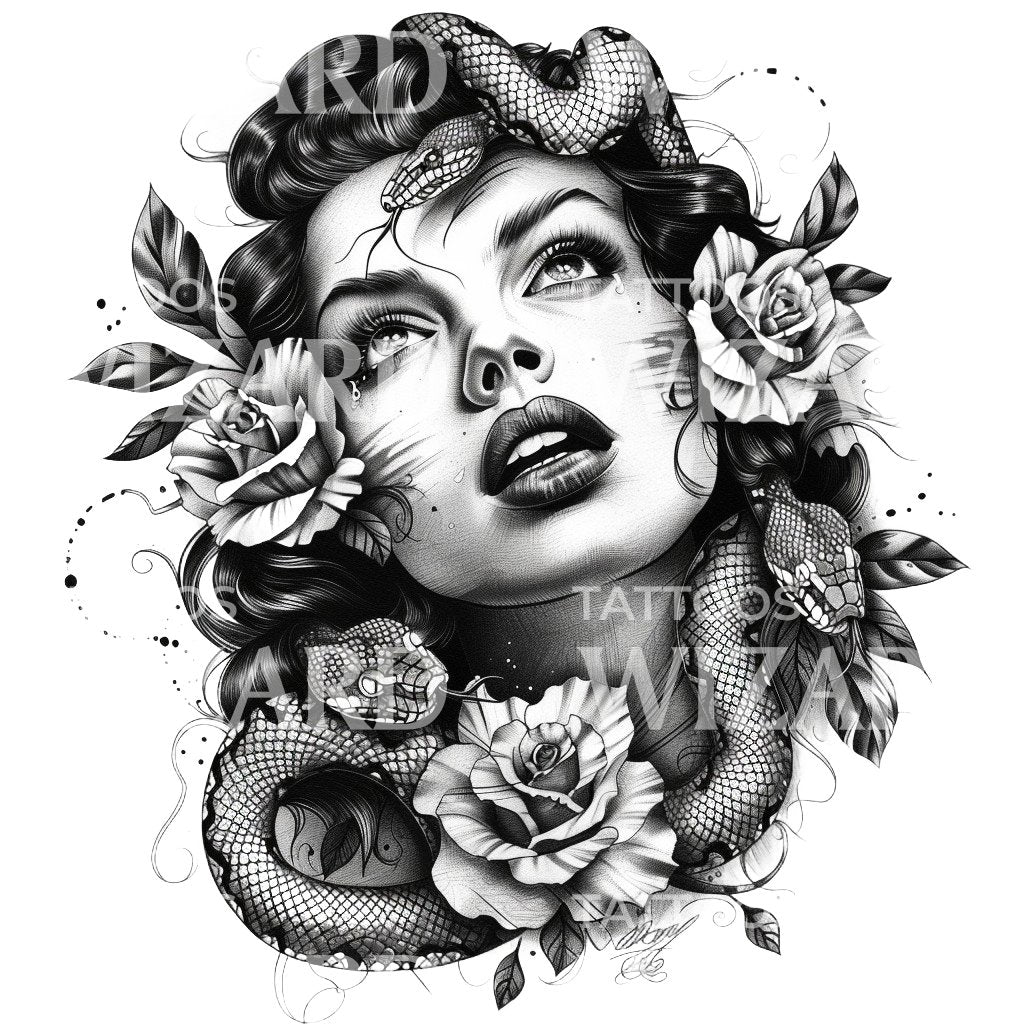 Woman and Snake Portrait Tattoo Design